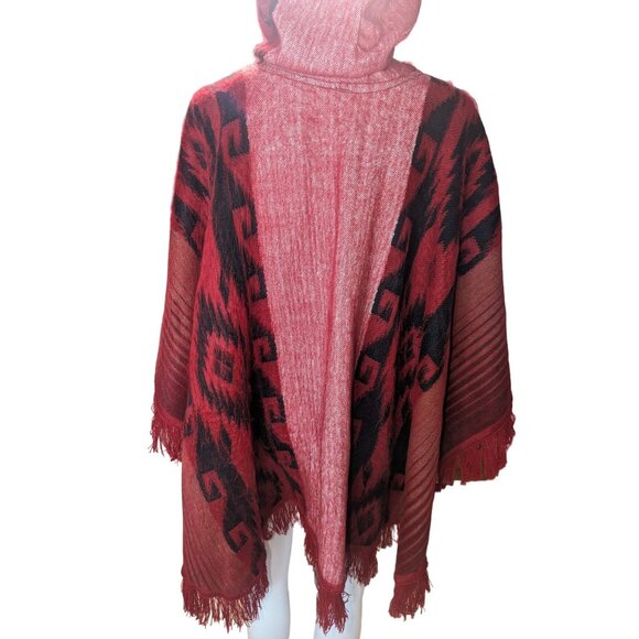 Red Western Style Poncho w/Fringe 100% Wool Boho Festive Handmade inEcuador OSFM - Picture 8 of 10